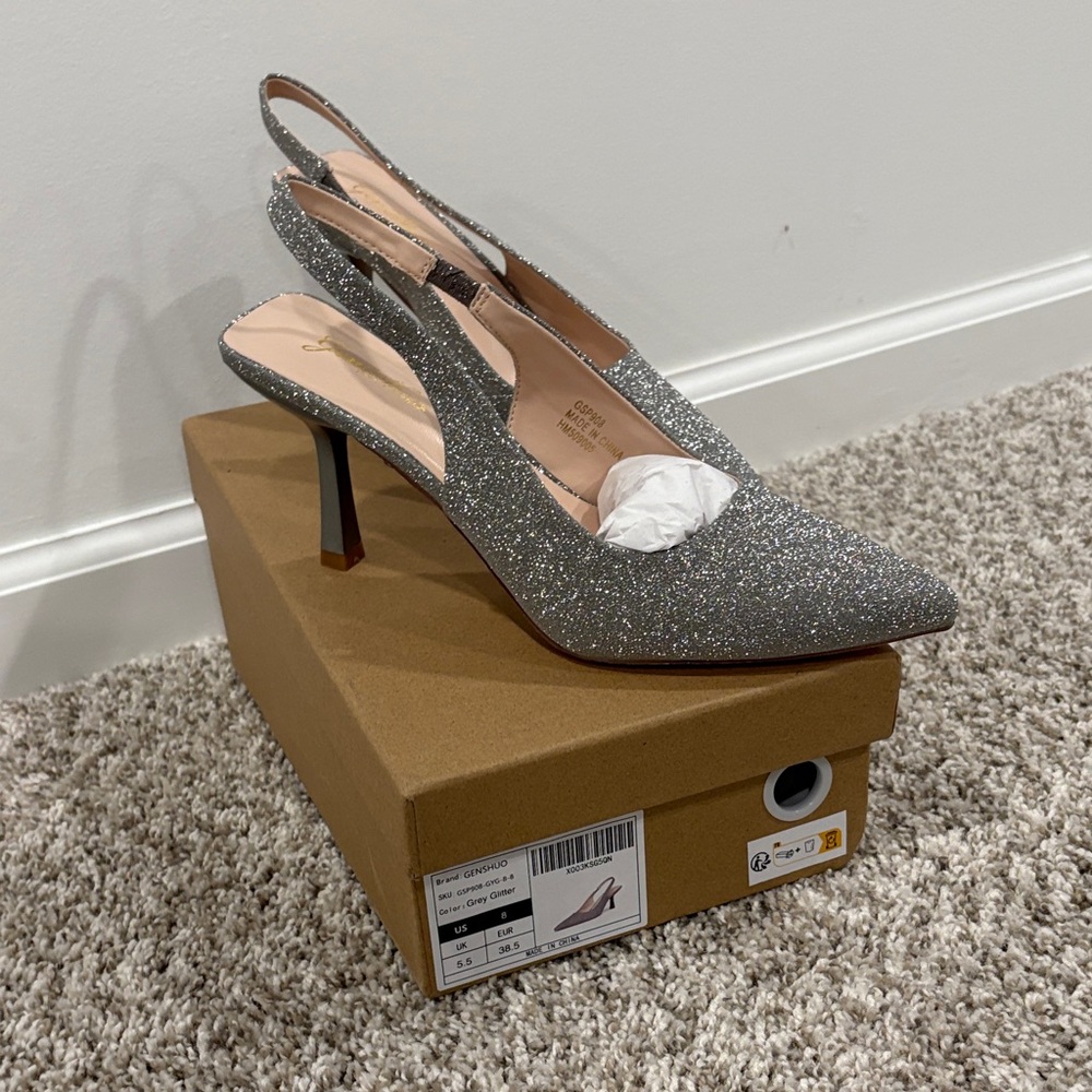 Genshuo Silver Grey Glitter Heels Brand New